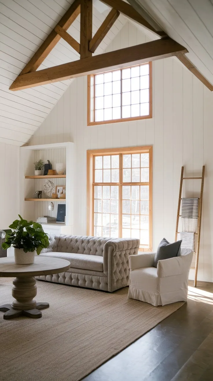 Find inspiration for your own farmhouse living room in this stunning space.  The blend of modern contemporary and cozy farmhouse aesthetics, achieved through organic modern living room design, offers a fresh take on modern farmhouse living room ideas for the organic modern home.