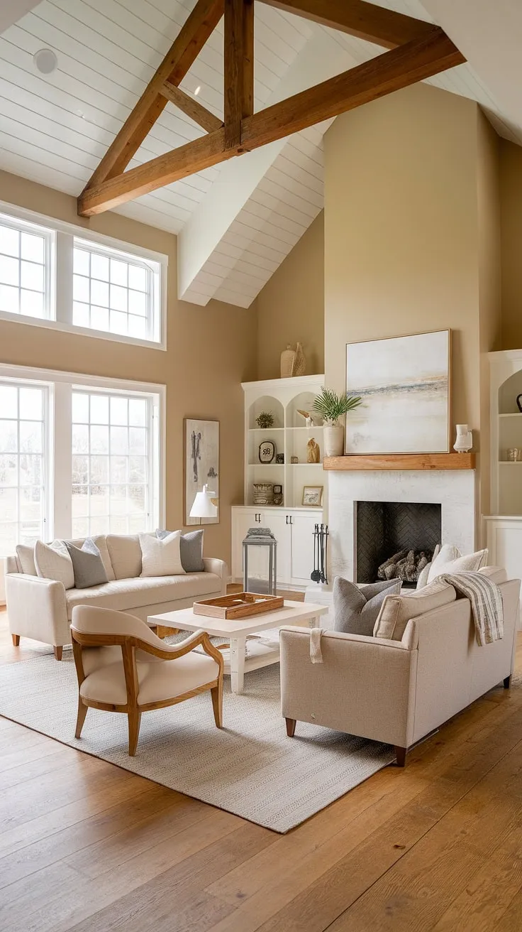 This modern farmhouse living room effortlessly combines organic modern living room elements with a cozy, lived-in feel.  High ceilings, exposed beams, and a gas fireplace create a warm and inviting atmosphere, making it the perfect space for relaxation and entertaining.  Find inspiration for your own farmhouse living room ideas in this stunning example of modern contemporary living room design.