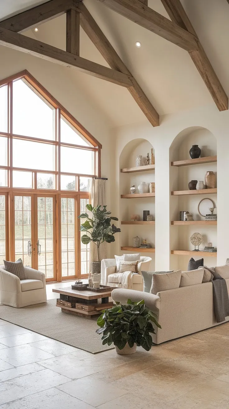 This organic modern living room seamlessly merges modern farmhouse living room style with a touch of contemporary elegance.  The neutral palette and natural textures contribute to a relaxed and inviting space, perfect for unwinding after a long day.  Find inspiration for your own modern farmhouse living room here.