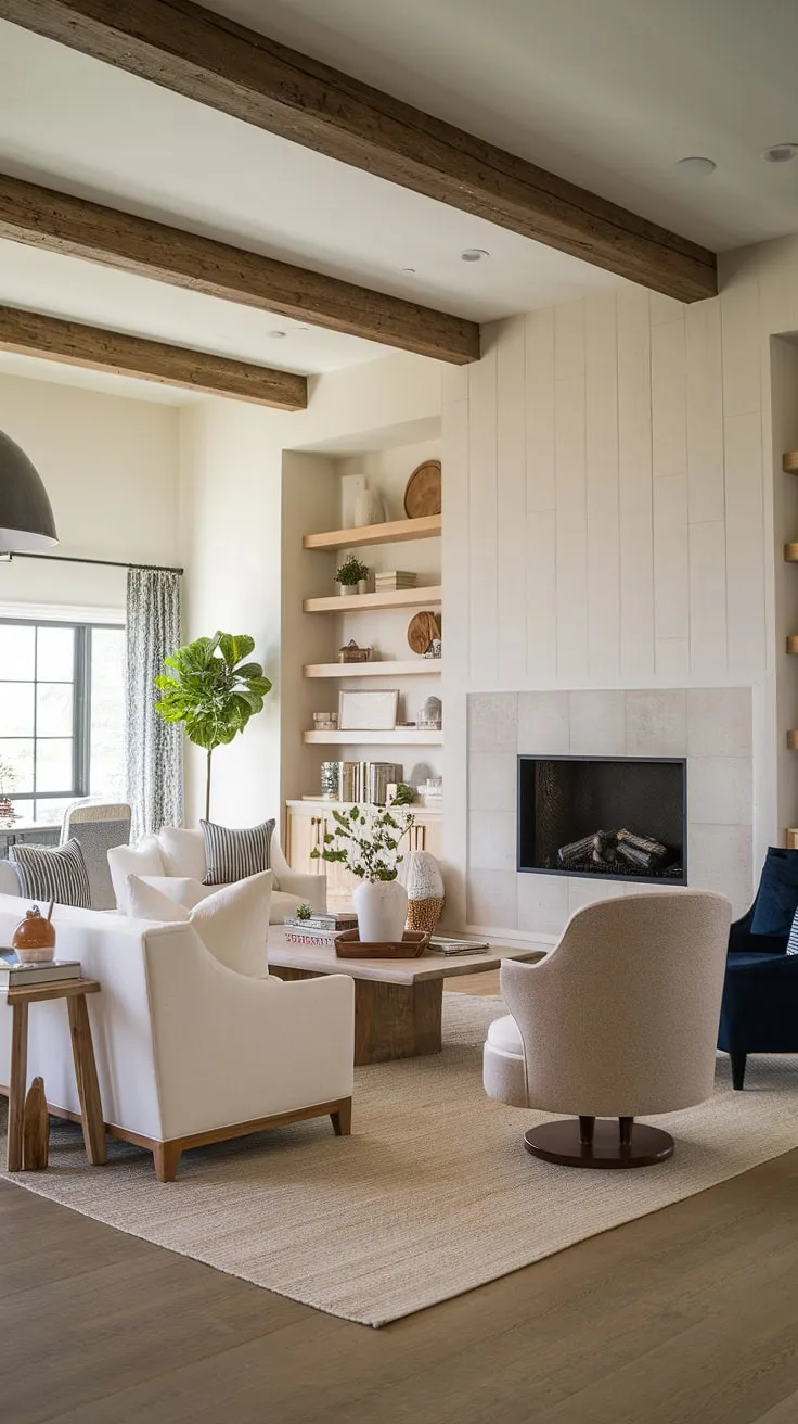 This cozy farmhouse living room seamlessly blends modern contemporary design with organic modern elements, creating a space that's both stylish and inviting.  The result is a perfect example of modern farmhouse living room ideas for an organic modern home.