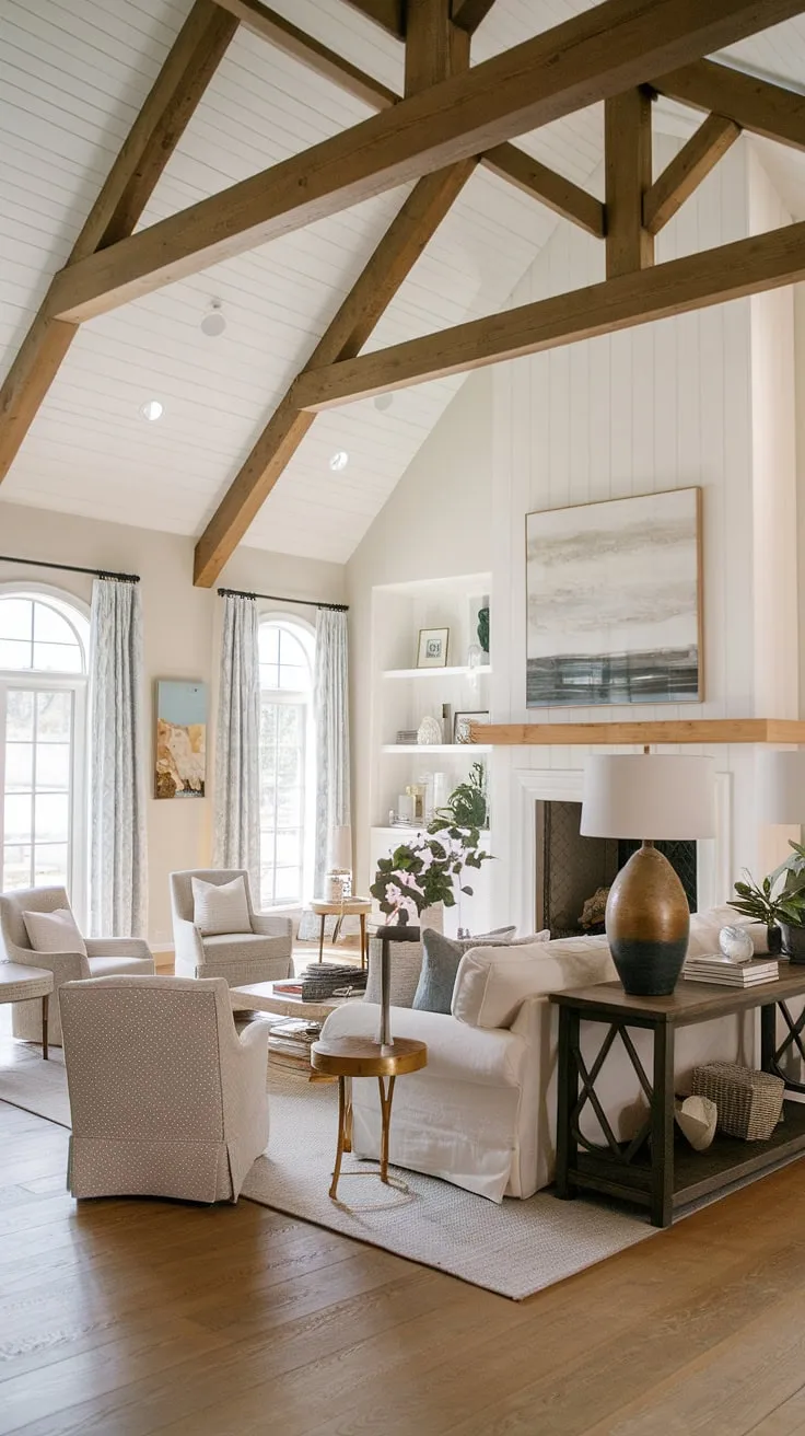 This cozy farmhouse living room seamlessly blends modern contemporary design with rustic charm.  The high ceilings and exposed wooden beams create a spacious yet intimate atmosphere, perfect for relaxing evenings by the fireplace.  This organic modern living room offers inspiration for your own farmhouse living room ideas, showcasing the beauty of a balanced organic modern home.