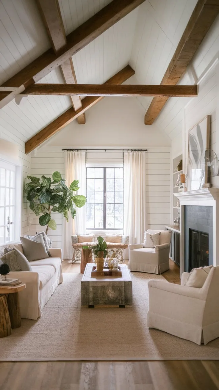 This cozy farmhouse living room seamlessly blends modern contemporary design with organic modern elements, creating a space that's both stylish and inviting.  It's the perfect example of modern farmhouse living room ideas for those seeking a warm and sophisticated atmosphere in their organic modern home.