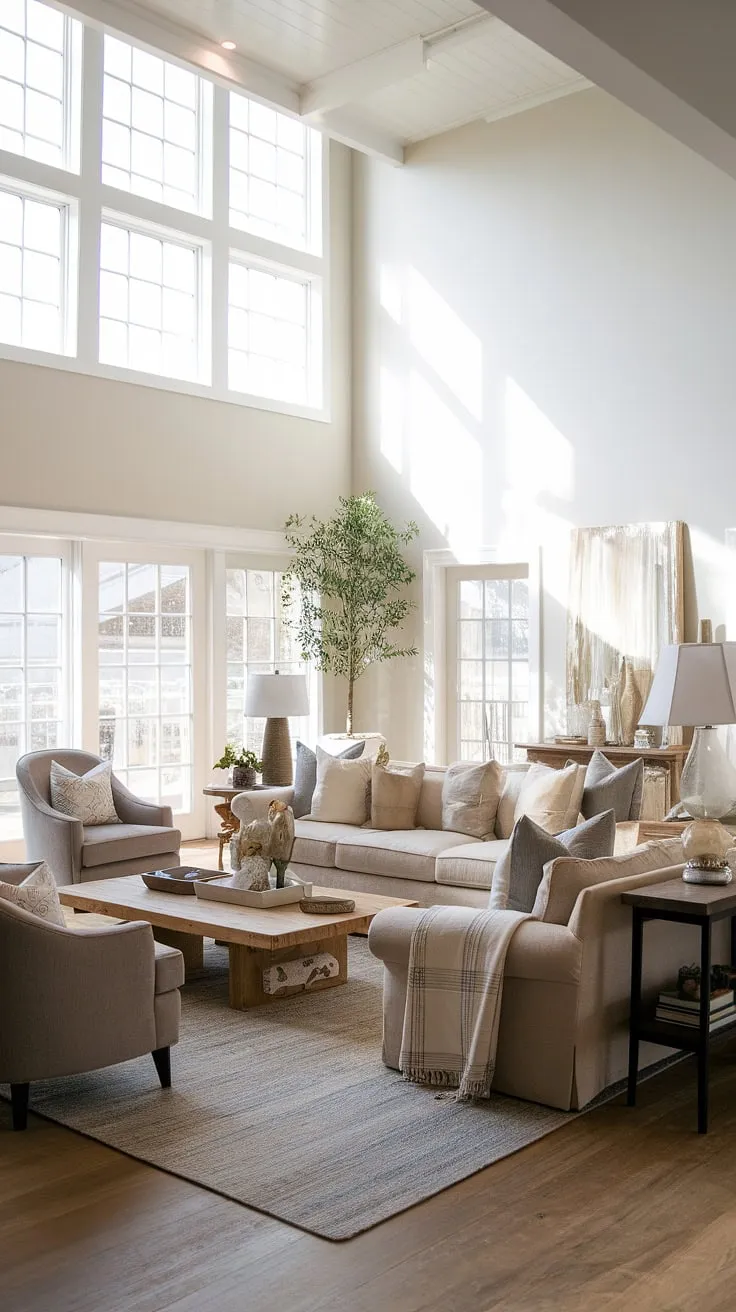 This cozy farmhouse living room seamlessly blends modern contemporary design with organic modern elements, creating a space that's both stylish and inviting.  It's the perfect example of modern farmhouse living room ideas for a comfortable and sophisticated organic modern home.