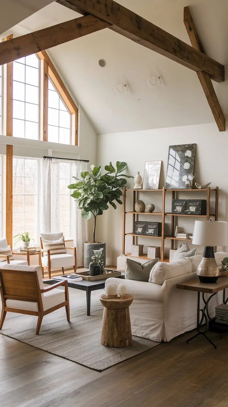 This cozy farmhouse living room seamlessly blends modern contemporary design with organic modern elements, creating a space that's both stylish and inviting.  It's the perfect example of modern farmhouse living room ideas for those seeking a warm and sophisticated atmosphere in their organic modern home.
