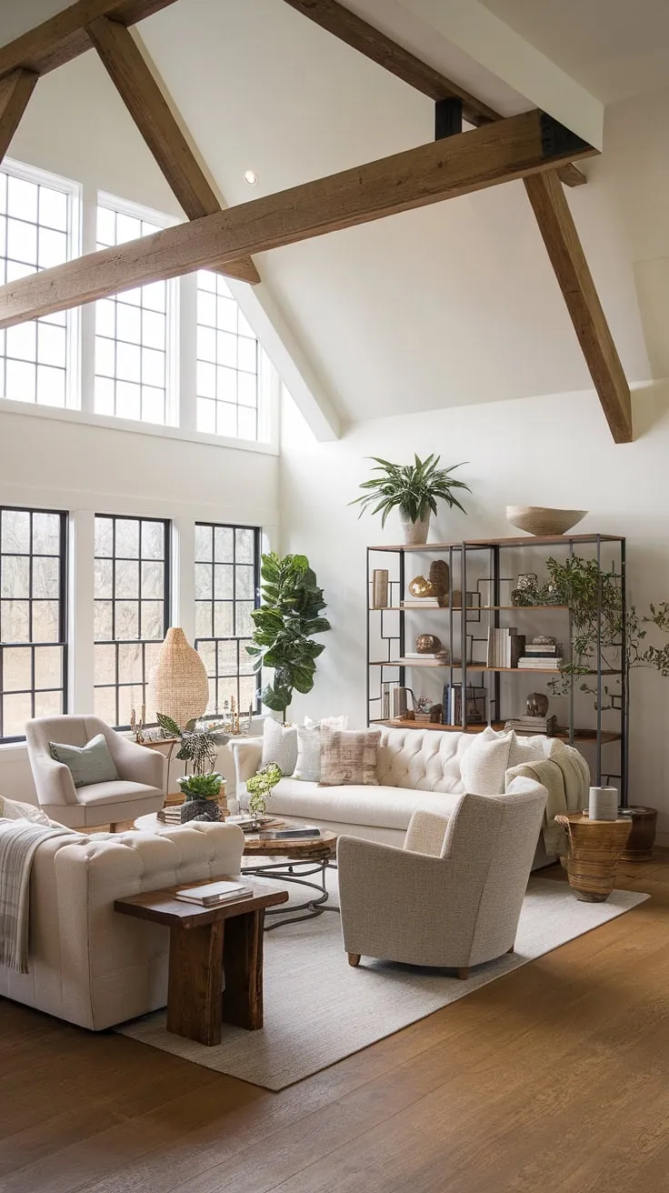 This cozy farmhouse living room seamlessly blends modern contemporary elements with organic modern design, creating a space that's both stylish and inviting.  It's the perfect example of modern farmhouse living room ideas for a truly comfortable and sophisticated organic modern home.