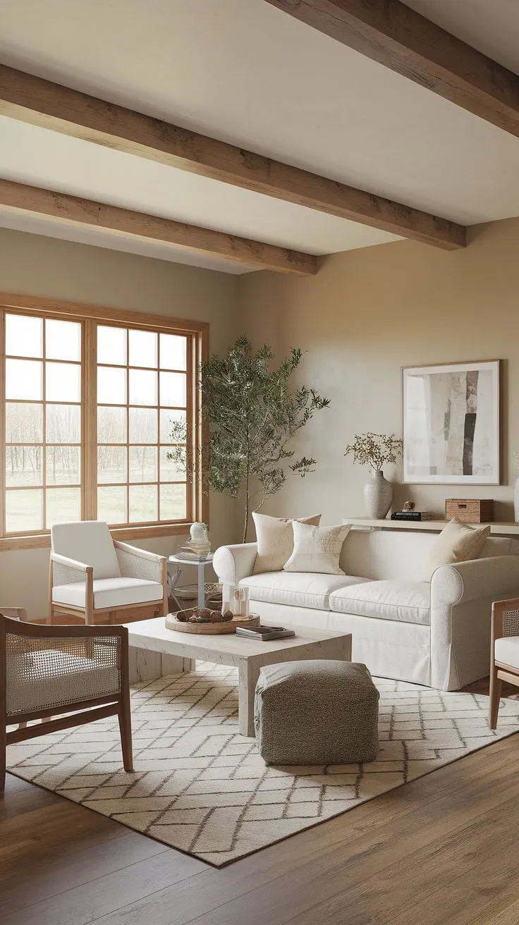 Find inspiration for your own farmhouse living room in this stunning space.  The blend of modern contemporary and cozy farmhouse aesthetics, within the context of an organic modern living room, offers a fresh take on modern farmhouse living room ideas for the organic modern home.