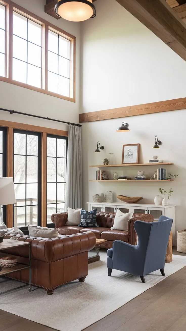 This cozy farmhouse living room seamlessly blends modern contemporary design with organic modern elements, creating a space that's both stylish and inviting.  The result is a perfect example of modern farmhouse living room ideas for an organic modern home.