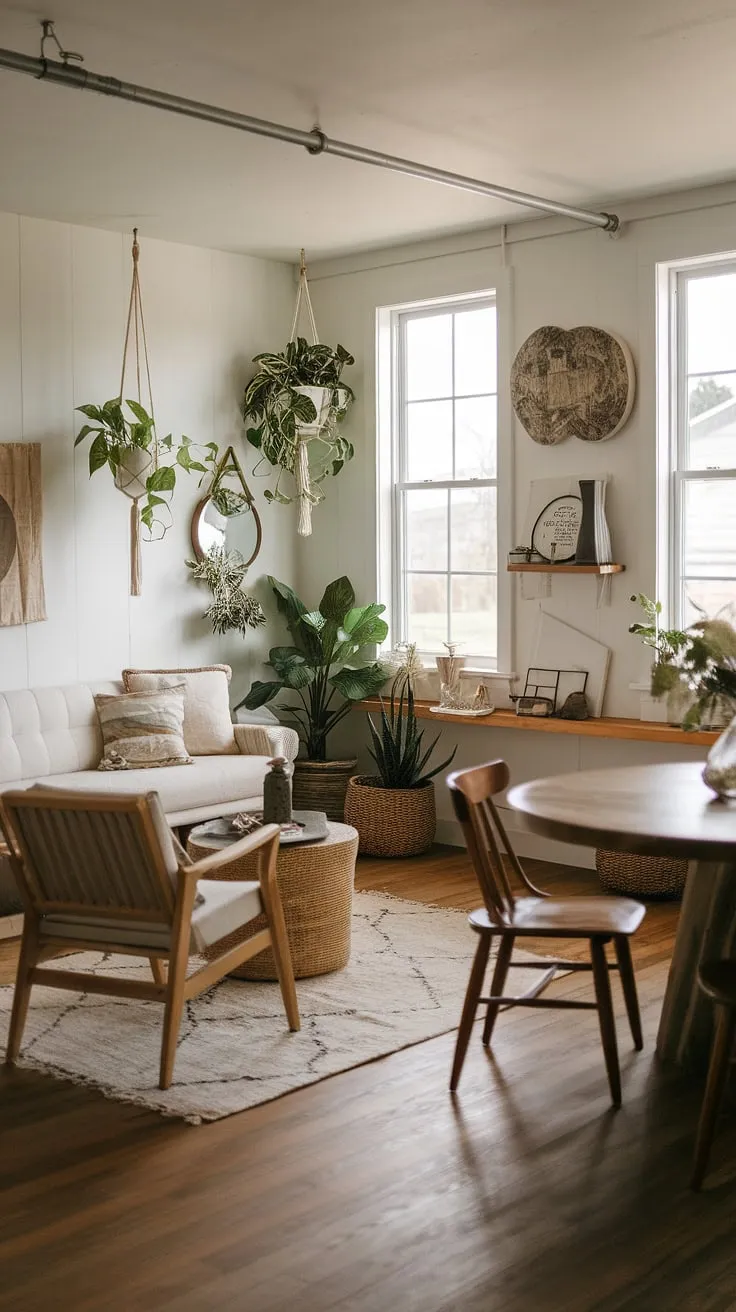 This cozy farmhouse living room seamlessly blends modern contemporary elements with organic modern design, creating a space that's both stylish and inviting.  It's the perfect example of modern farmhouse living room ideas for those seeking a warm and sophisticated atmosphere.