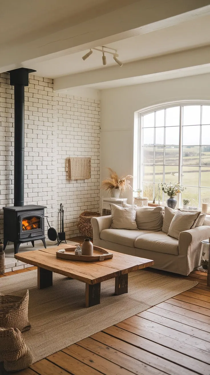 Find inspiration for your farmhouse living room ideas in this stunning space.  The blend of modern contemporary living room aesthetics and cozy farmhouse charm results in an organic modern living room that feels both effortlessly chic and wonderfully comfortable.