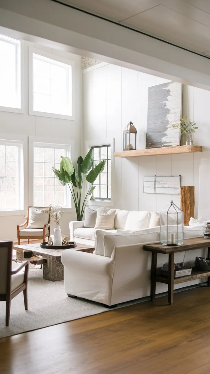 This cozy farmhouse living room seamlessly blends modern contemporary design with organic modern elements, creating a space that's both stylish and inviting.  It's the perfect example of modern farmhouse living room ideas for those seeking a warm and sophisticated atmosphere in their organic modern home.