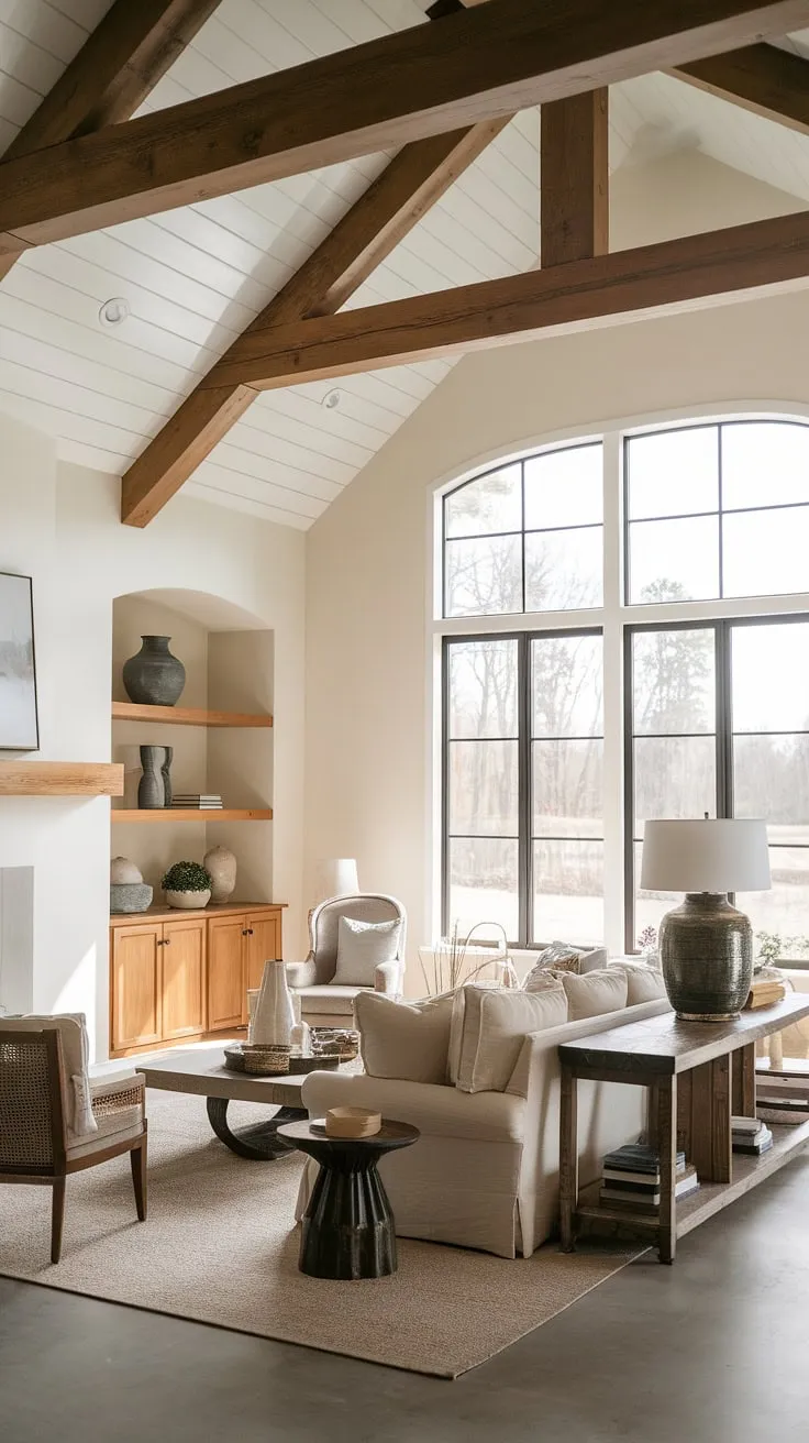 Find inspiration for your farmhouse living room ideas in this stunning space.  The blend of modern contemporary and cozy farmhouse aesthetics results in an organic modern living room that's effortlessly chic and comfortable, showcasing the best of modern farmhouse living room design.