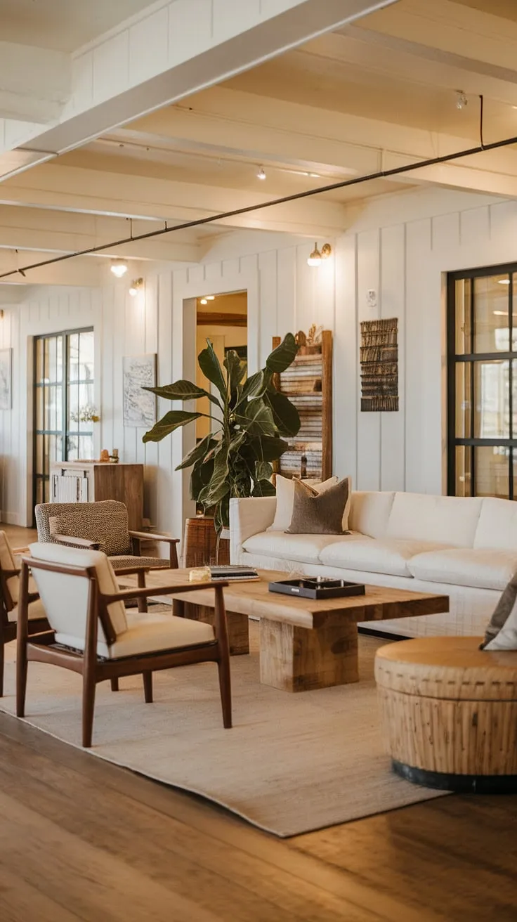 Find inspiration for your own farmhouse living room in this stunning space.  The blend of modern contemporary and cozy farmhouse aesthetics, characteristic of an organic modern living room, offers a fresh take on modern farmhouse living room ideas, showcasing the beauty of organic modern home design.