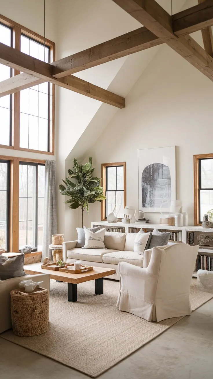 This cozy farmhouse living room seamlessly blends modern contemporary design with organic modern elements, creating a space that's both stylish and inviting.  The result is a perfect example of modern farmhouse living room ideas for an organic modern home.
