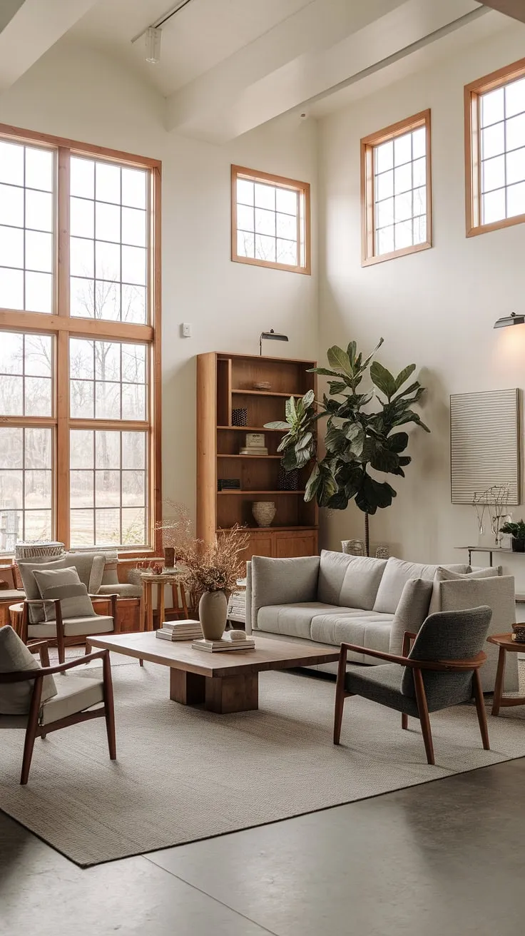 Find inspiration for your own farmhouse living room in this stunning space.  The blend of modern contemporary living room aesthetics and cozy farmhouse charm, within the context of an organic modern living room, offers a fresh take on modern farmhouse living room ideas.