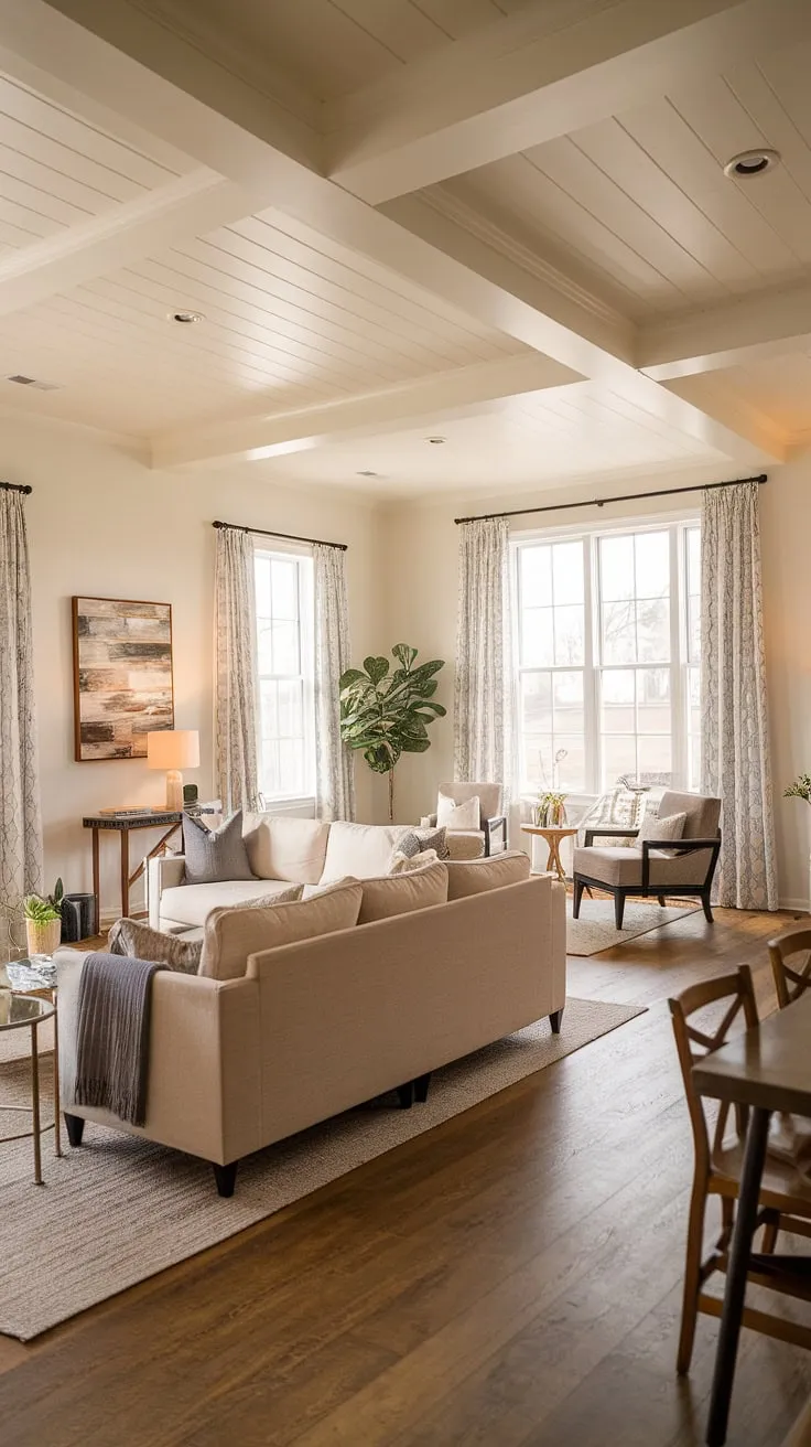 Find inspiration for your own farmhouse living room in this stunning space.  The blend of modern contemporary and cozy farmhouse aesthetics, showcasing organic modern living room principles, results in a truly unique and welcoming organic modern home.
