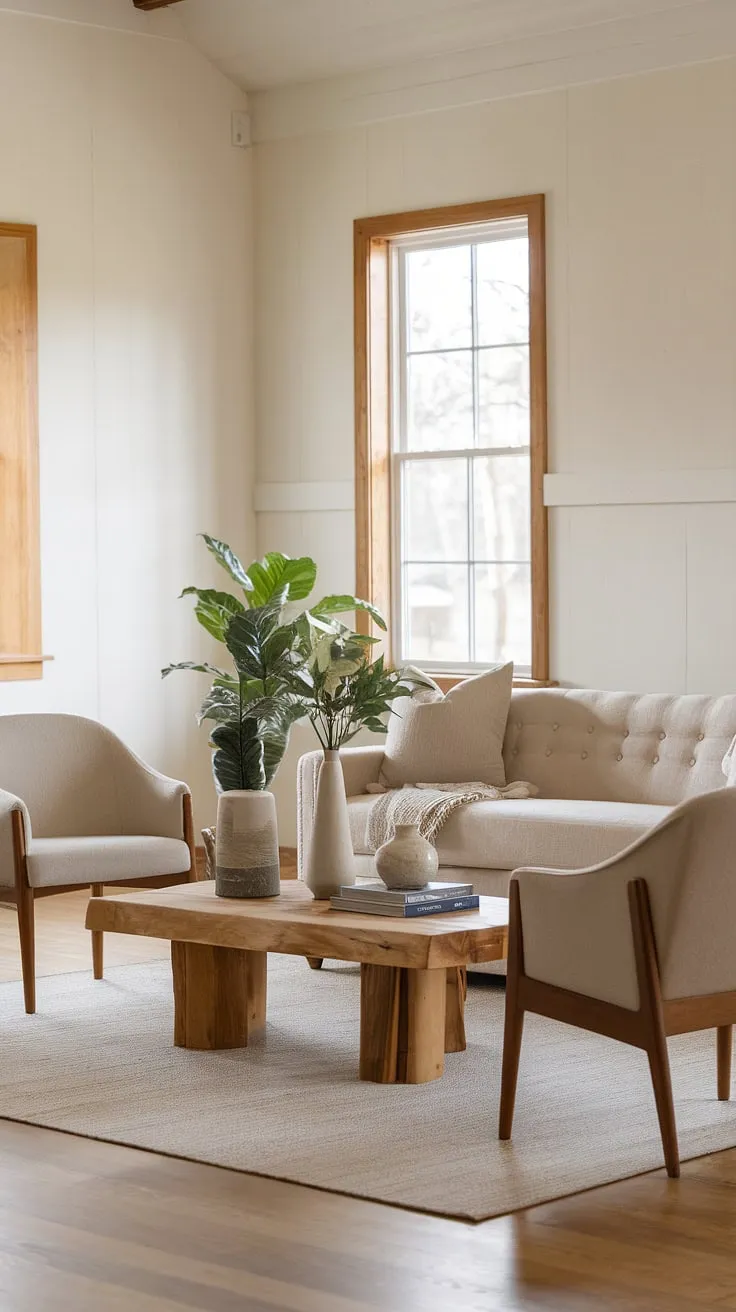 Find your happy place in this organic modern living room.  The modern farmhouse living room design effortlessly combines rustic charm with contemporary style, showcasing the best of both worlds.  This is what cozy farmhouse living room dreams are made of.