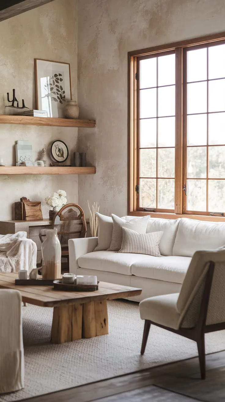 Find inspiration for your own farmhouse living room in this stunning space.  The blend of modern contemporary living room aesthetics and cozy farmhouse charm exemplifies organic modern living room design at its finest.  This is a perfect illustration of modern farmhouse living room ideas, showcasing how to create a truly inviting and stylish home.