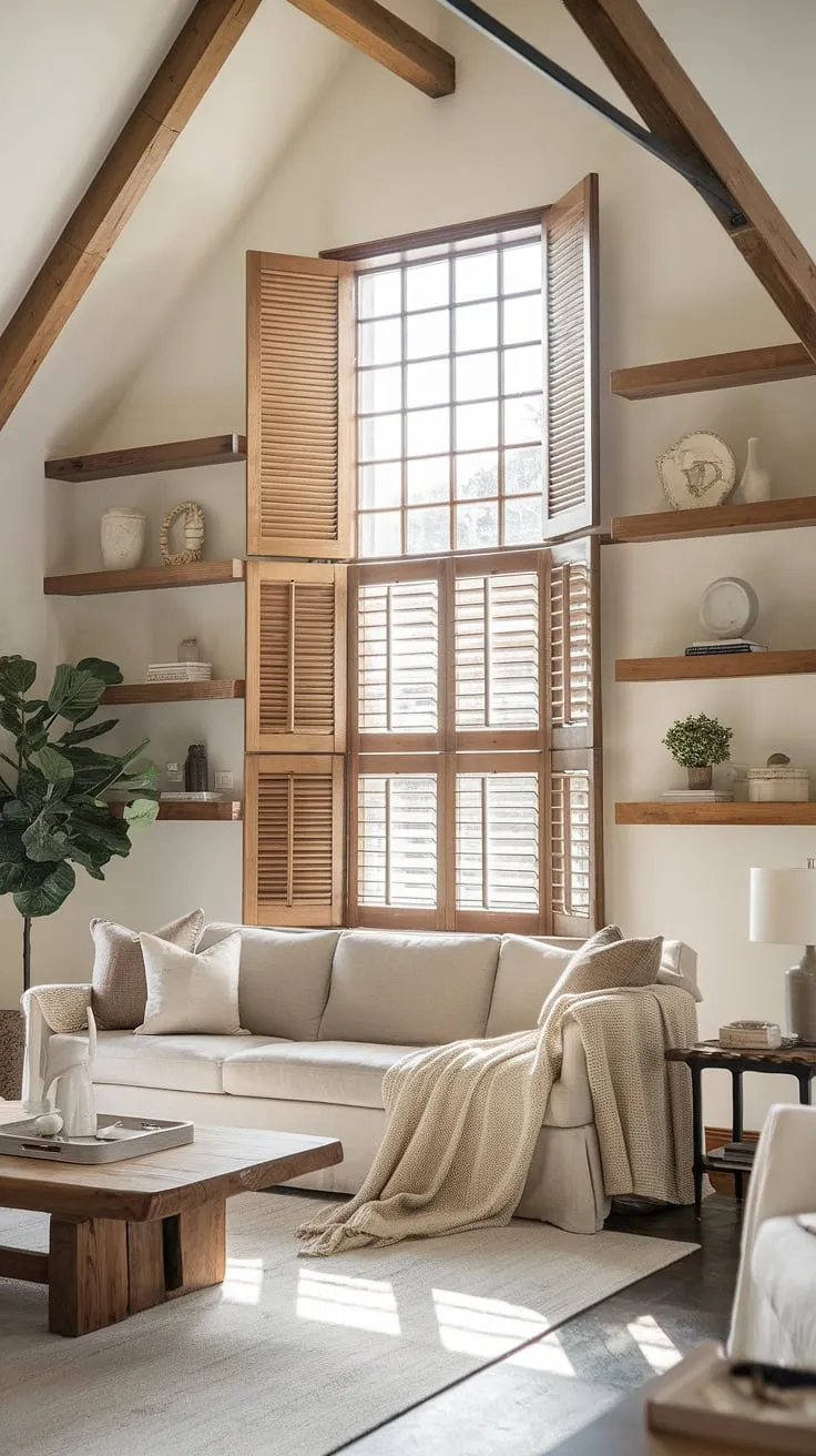 Escape to this modern farmhouse living room, where organic modern design meets cozy comfort.  The blend of exposed wood, natural light, and thoughtfully chosen furnishings creates a tranquil retreat.  Find inspiration for your own space with these farmhouse living room ideas, showcasing the best of modern contemporary living room style.