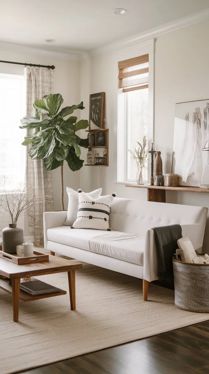 This cozy farmhouse living room seamlessly blends modern contemporary design with organic modern elements, creating a space that's both stylish and inviting.  The perfect example of modern farmhouse living room ideas for an organic modern home.
