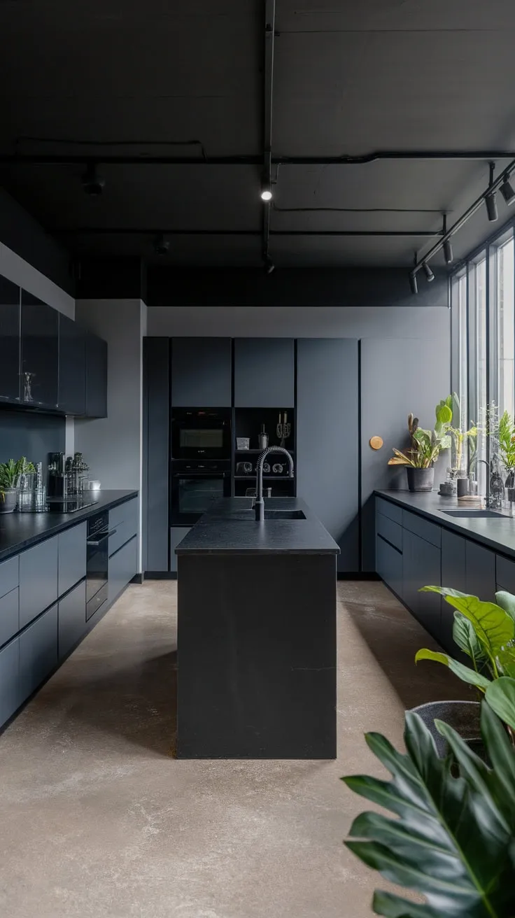 A modern dark kitchen boasts a sophisticated aesthetic with grey cabinets, black countertops, and a striking black island.