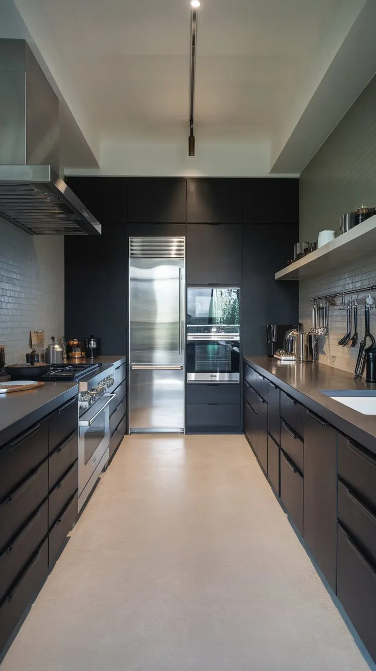A textured grey backsplash and light grey concrete floor complete the chic aesthetic of this modern dark kitchen.