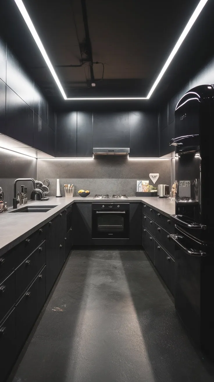 Sleek black cabinetry, grey countertops, and stainless steel appliances define this modern dark kitchen's urban aesthetic