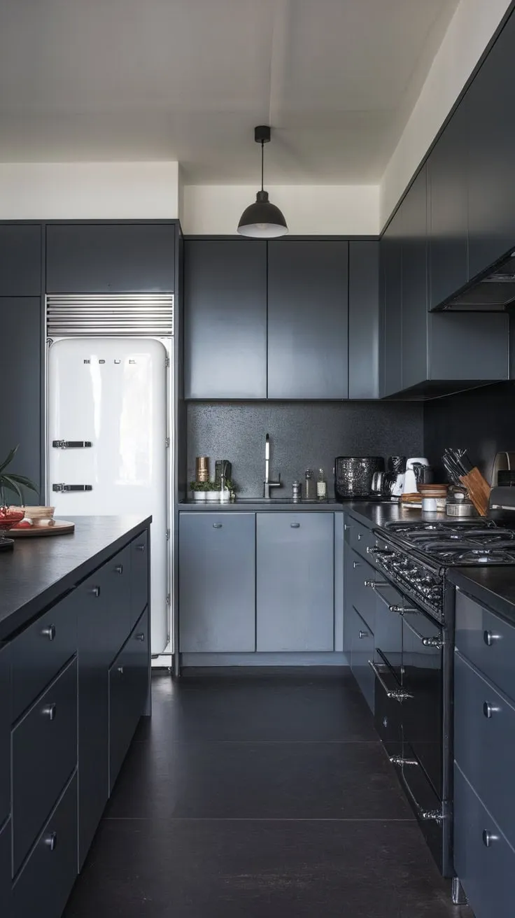 A dark grey tiled floor complements the sophisticated black and grey palette of this modern kitchen's sleek design.