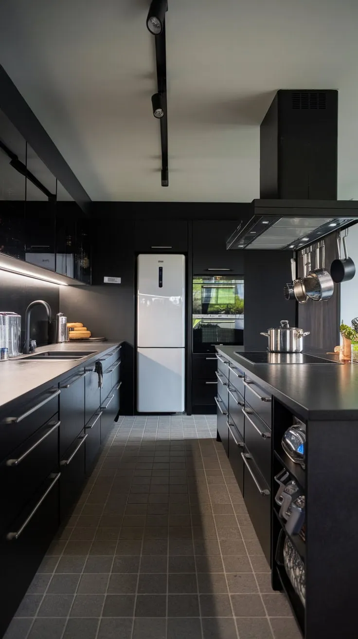 A modern dark kitchen boasts a stylish black and grey design accented by bright lighting and hanging cookware.