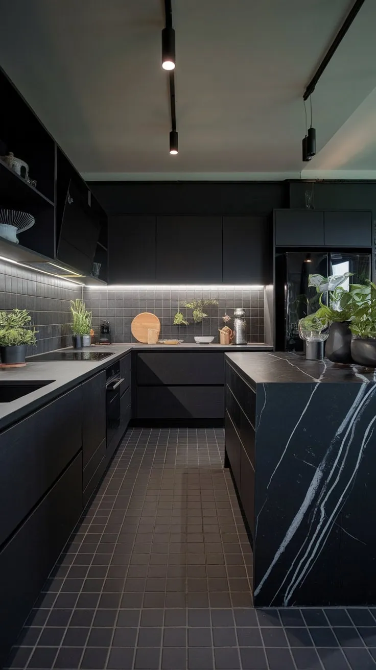 A modern dark kitchen boasts a dramatic black and grey palette accented by a marble island and pops of greenery.