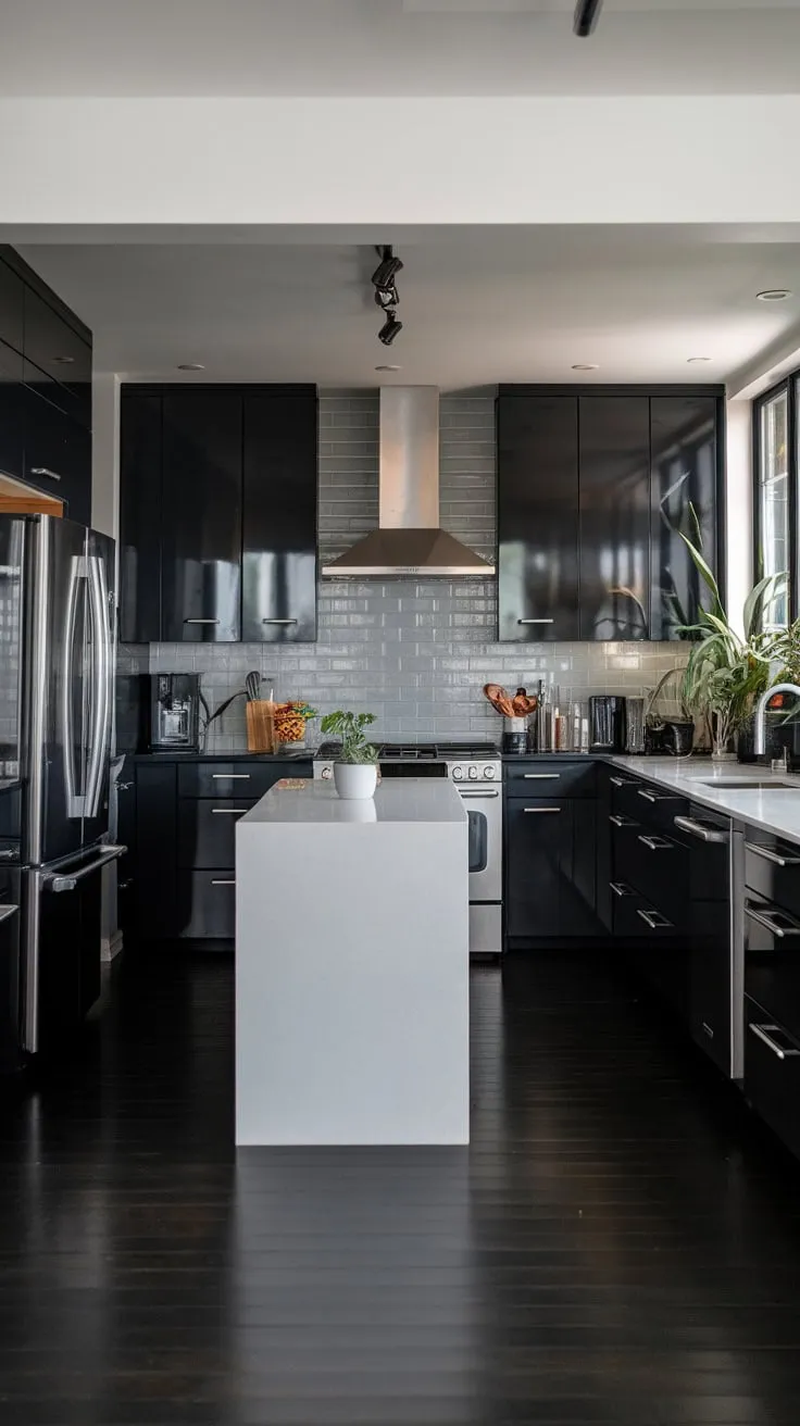 A stylish modern dark kitchen features a striking contrast of black and white, accented by grey and warm wood flooring, illuminated for optimal functionality.