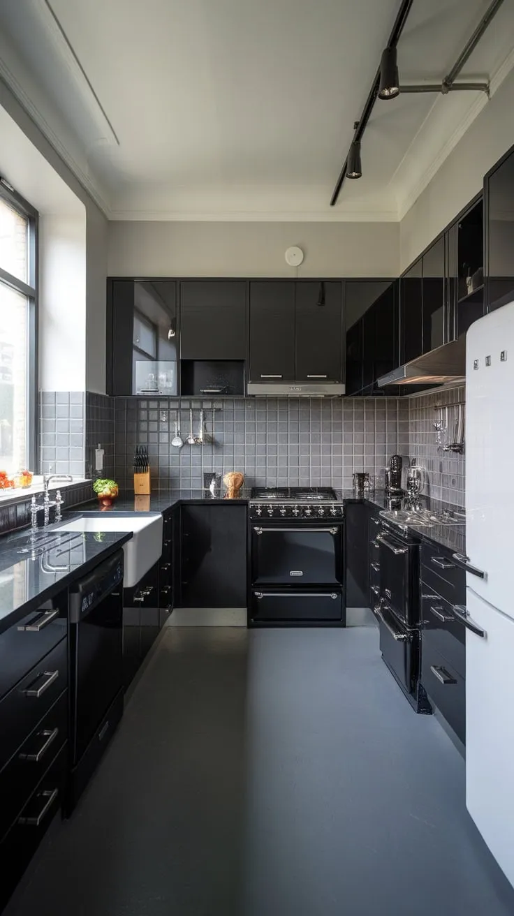 A modern dark kitchen's black accents and grey tones are elegantly contrasted by white walls and stainless steel for a stylish space.
