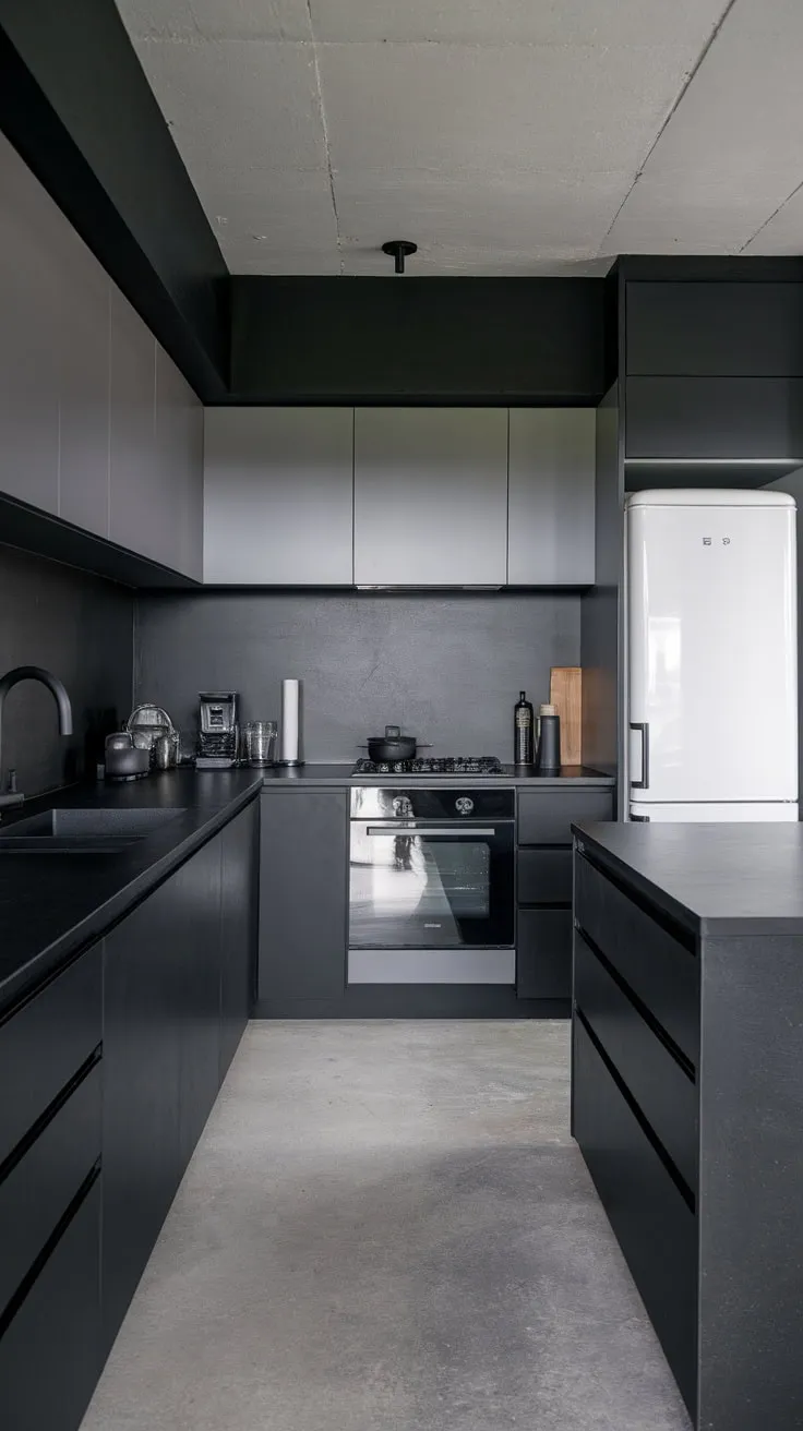 A sophisticated dark kitchen boasts black countertops and appliances contrasted by grey accents and a white refrigerator.