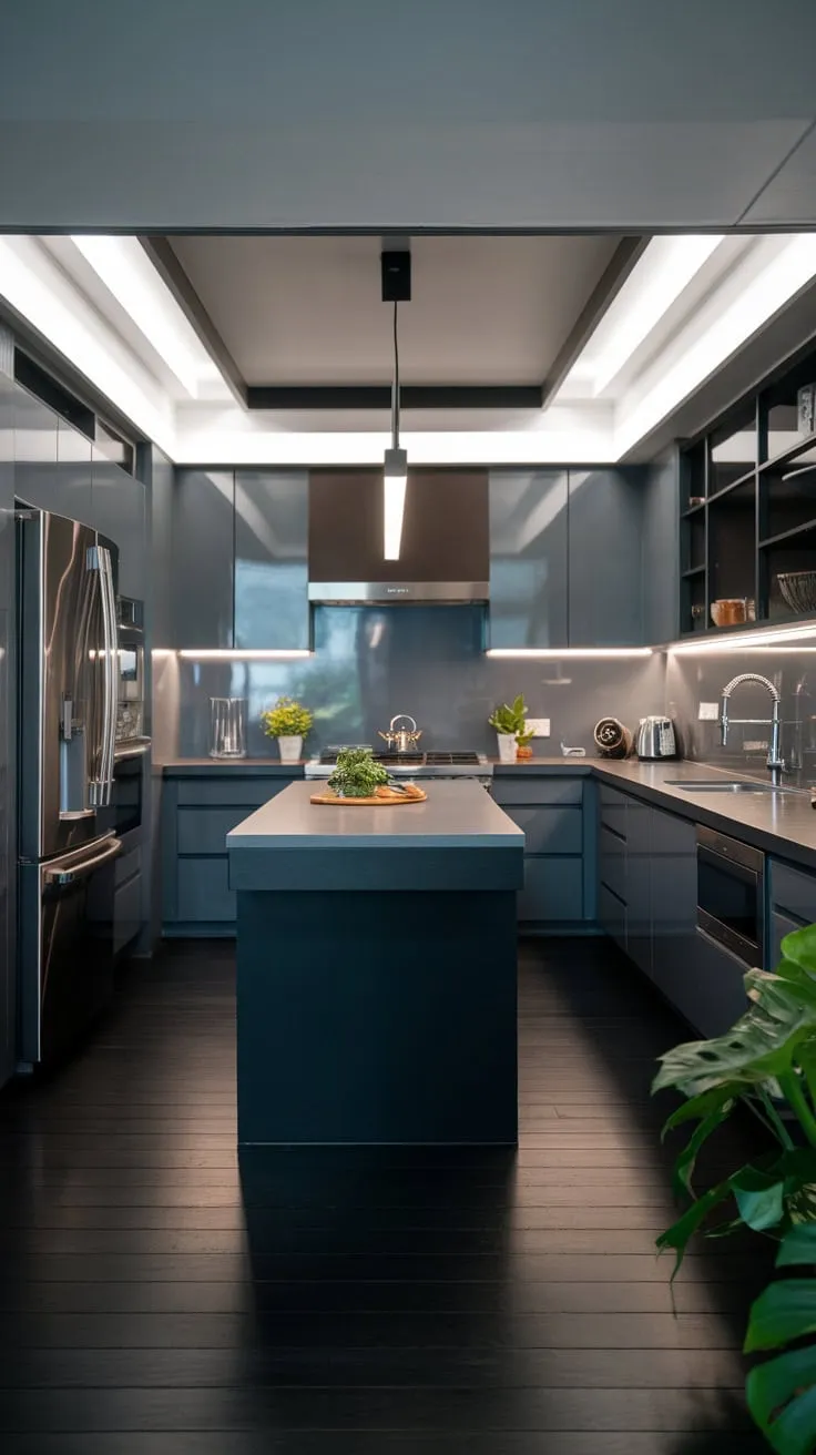 Sleek grey and black cabinetry, a dark wood floor, and stainless steel appliances create a sophisticated modern dark kitchen.