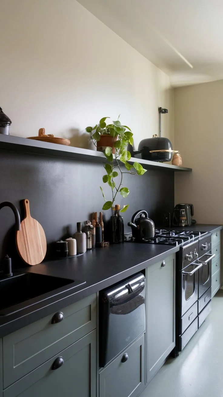 A modern dark kitchen's minimalist aesthetic is enhanced by contrasting light walls and a touch of natural wood.