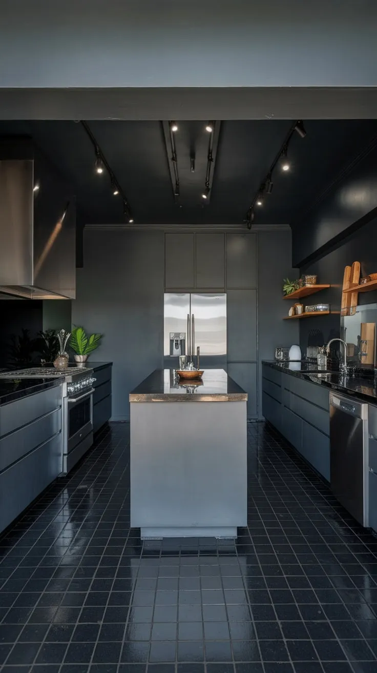 Sleek grey and black finishes create a sophisticated modern dark kitchen, illuminated by bright lighting and accented with subtle wooden details