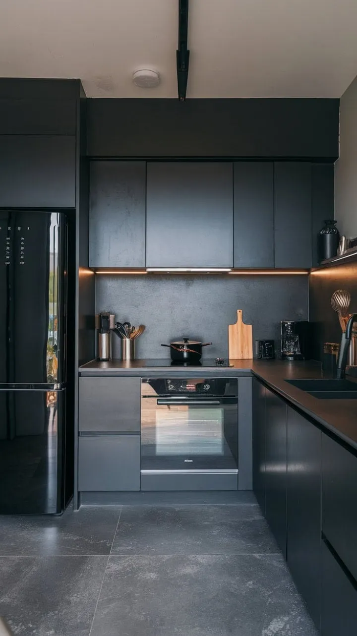 This modern kitchen masterfully blends cool grey and deep black elements, creating a strikingly beautiful yet effortlessly practical space of understated elegance.