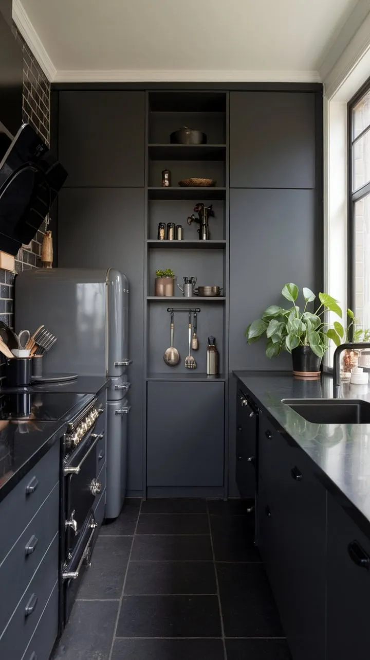 This modern kitchen blends sleek design and a sophisticated color scheme, featuring dark countertops and grey cabinetry that create a dramatic backdrop for culinary creativity, enhanced by touches of subtle greenery.