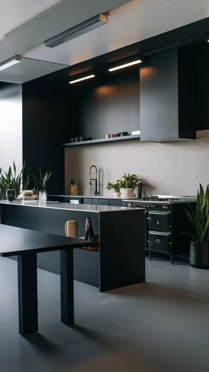 This modern kitchen blends sleek lines and a sophisticated palette, featuring a striking black island with a white countertop that contrasts beautifully with cool grey walls, while a touch of greenery adds warmth to its industrial charm.