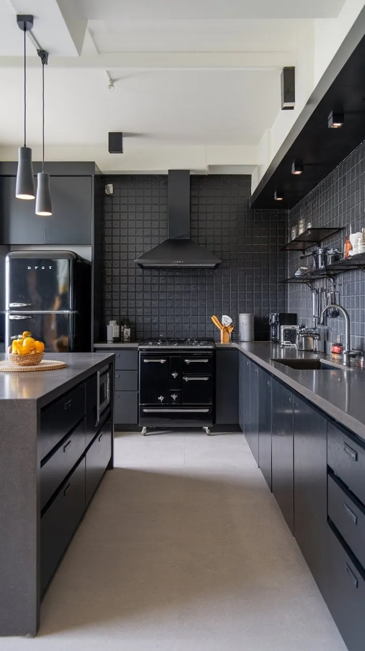 This chic kitchen masterfully combines sleek black appliances with dark grey accents, creating a stylish yet highly functional modern design.