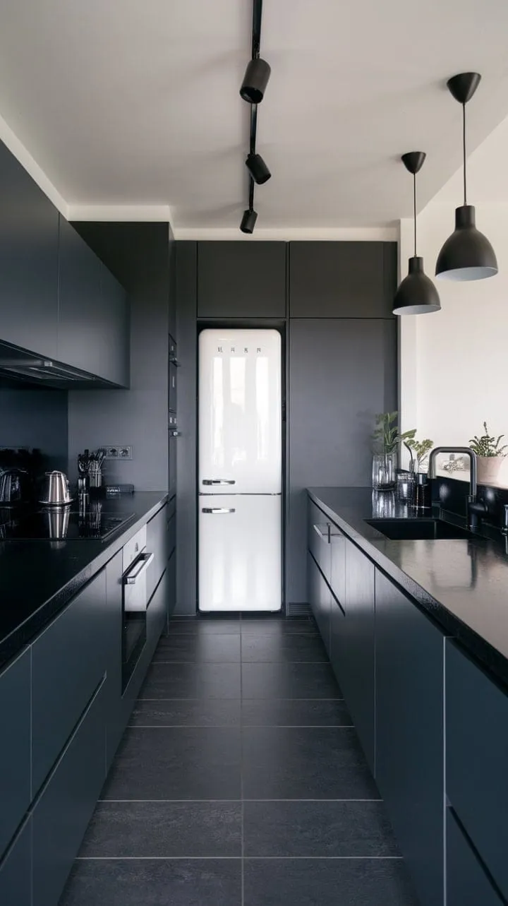 This dark kitchen masterfully combines sleek grey cabinets and black accents with a striking white refrigerator, creating an elegant yet functional culinary oasis.