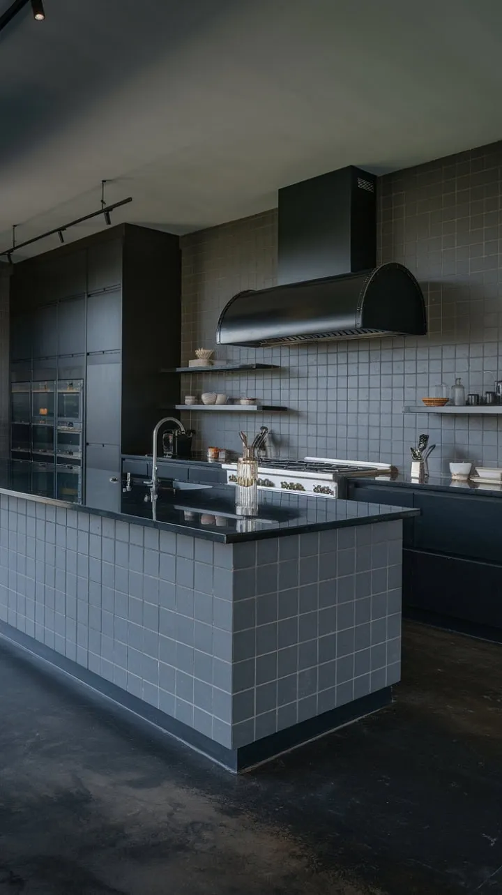 This kitchen masterfully juxtaposes cool grey and deep black elements, creating a visually stunning yet highly functional space that exemplifies cohesive design.