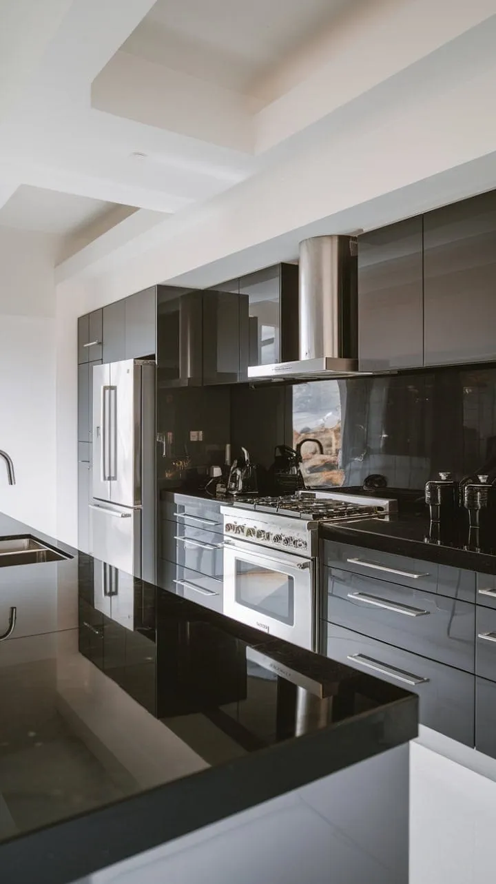This striking minimalist kitchen harmoniously balances dark accents with bright whites, creating a spacious and inviting atmosphere perfect for any culinary endeavor.