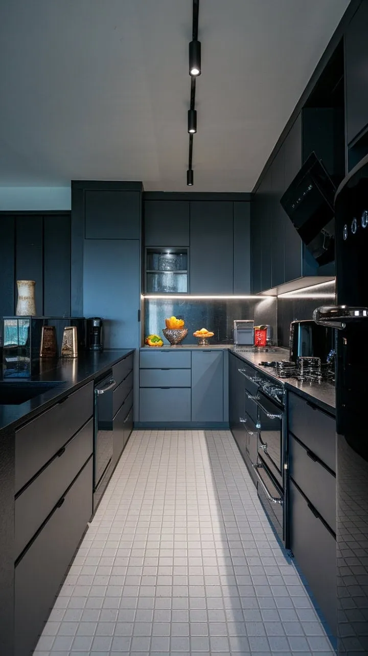This modern kitchen, with its dark grey cabinetry and black countertops, transforms meal preparation into an elegant experience illuminated by bright lighting and sleek appliances.