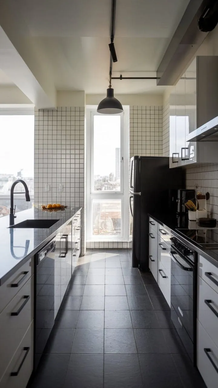 This striking dark kitchen harmoniously blends matte black and bright white elements with industrial stainless steel, all framed by a stunning view.