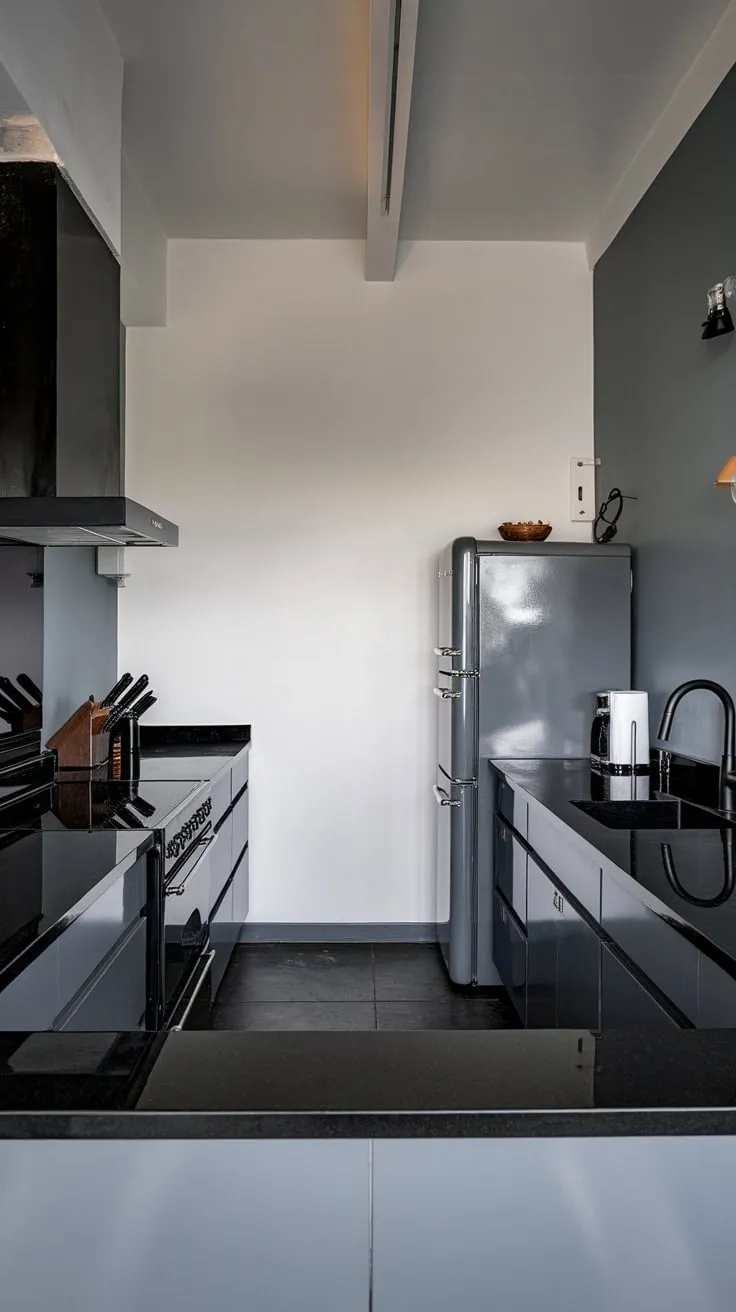 A minimalist dark kitchen design features black and grey accents against crisp white walls for a striking aesthetic.