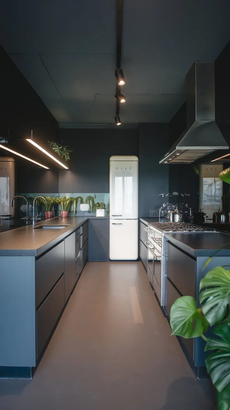 Sleek grey and black cabinetry, stainless steel appliances, and bright lighting define this modern dark kitchen's sophisticated style
