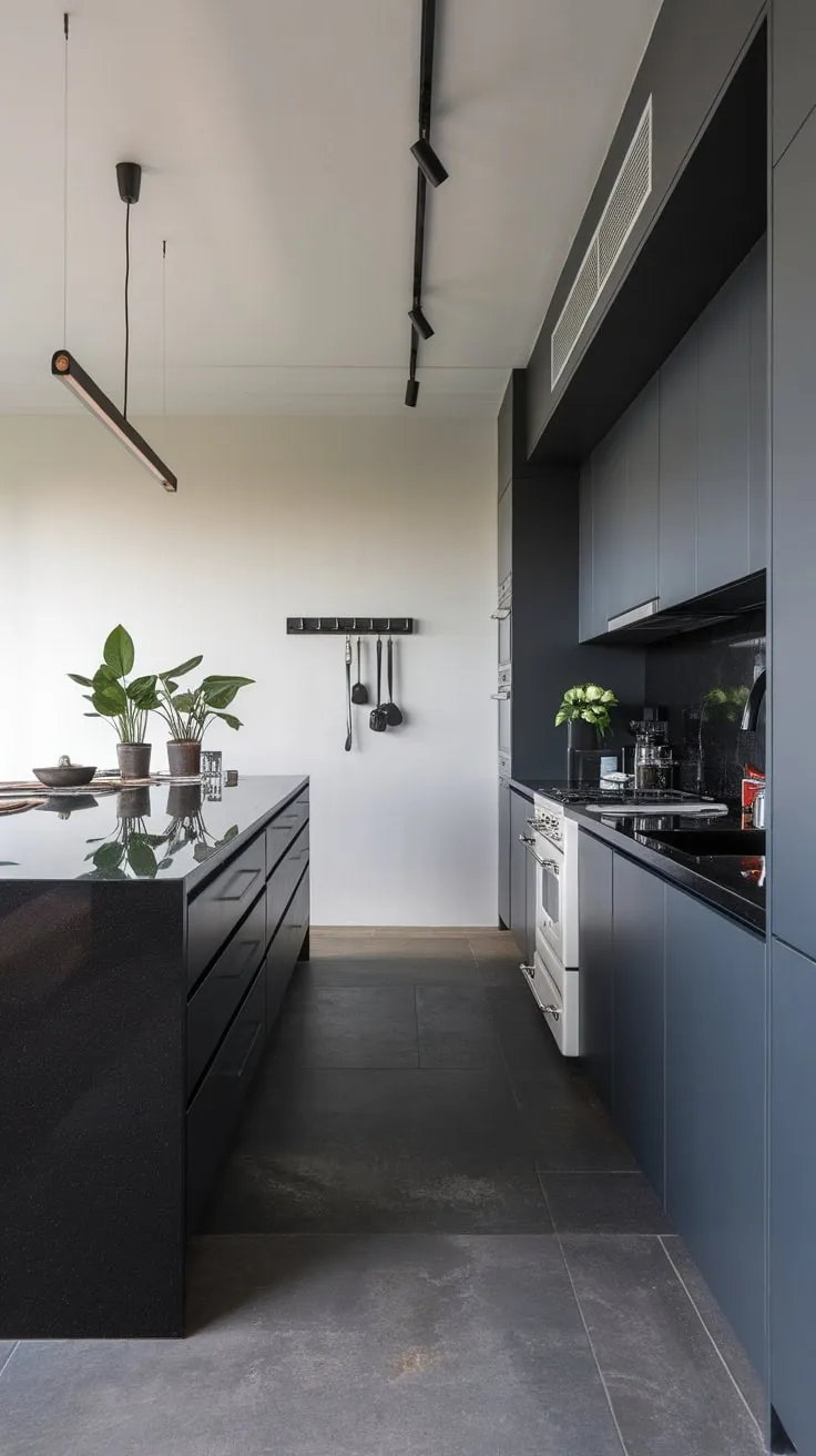 A stylish dark kitchen design features a black island, grey cabinets, and black granite, highlighted by pops of white and greenery.