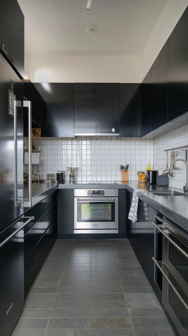 A minimalist dark kitchen boasts stainless steel appliances and a contrasting white backsplash.