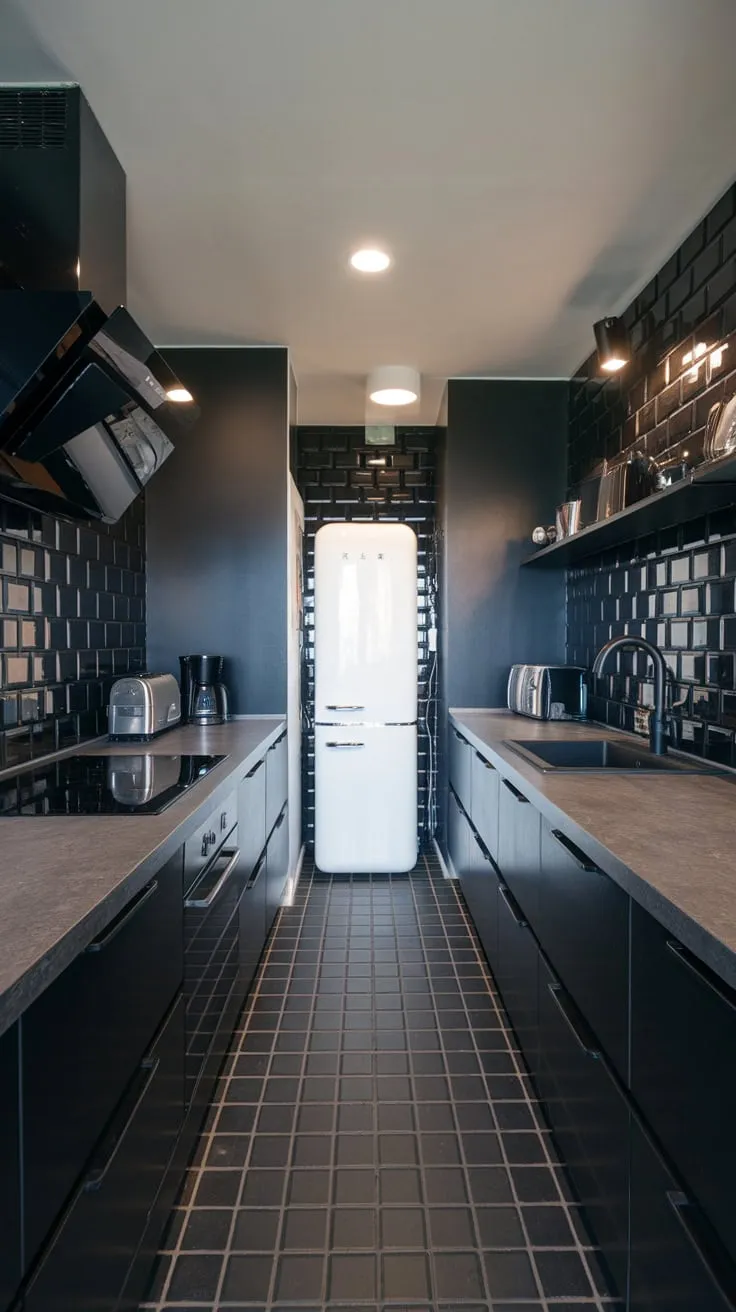 Sleek black cabinetry, grey countertops, and bold checkered floors create a modern dark kitchen with an urban edge