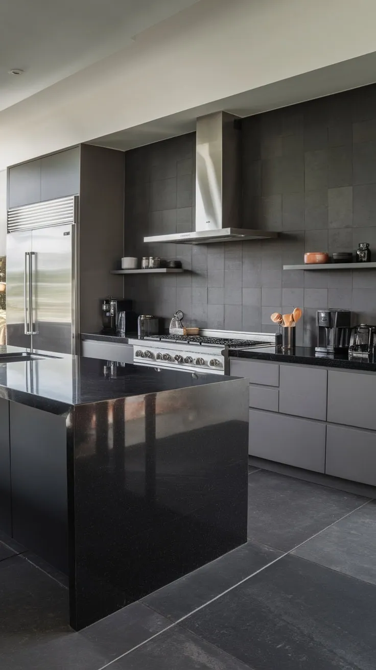 A dark kitchen's modern elegance shines through its black island, grey walls, and stainless steel appliances.